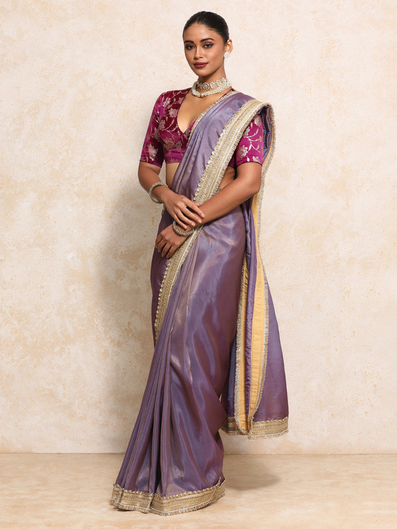 Yamira Purple Gold Tissue Saree With Ready-to-Wear Option-Binks