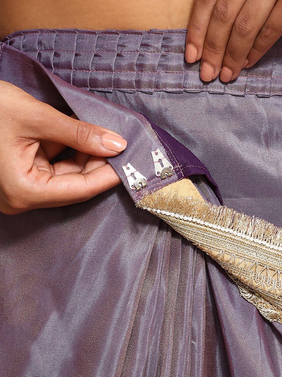 Yamira Purple Gold Tissue Saree With Ready-to-Wear Option, in Viscose Gold Tissue, made for party & festive (view 3).