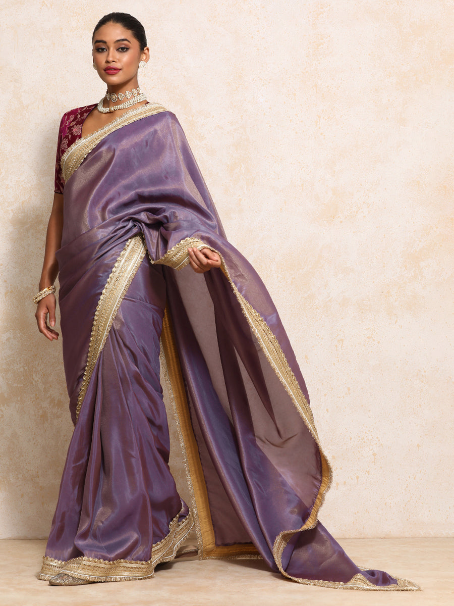 Yamira Purple Gold Tissue Saree With Ready-to-Wear Option, in Viscose Gold Tissue, made for party & festive (view 6).
