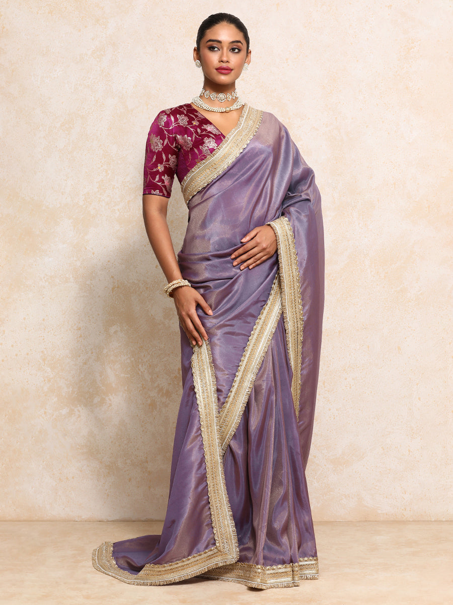 Yamira Purple Gold Tissue Saree With Ready-to-Wear Option, in Viscose Gold Tissue, made for party & festive (view 7).