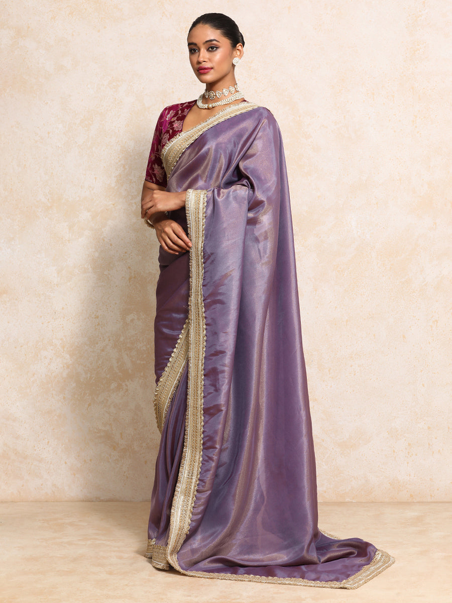 Yamira Purple Gold Tissue Saree With Ready-to-Wear Option, in Viscose Gold Tissue, made for party & festive (view 8).