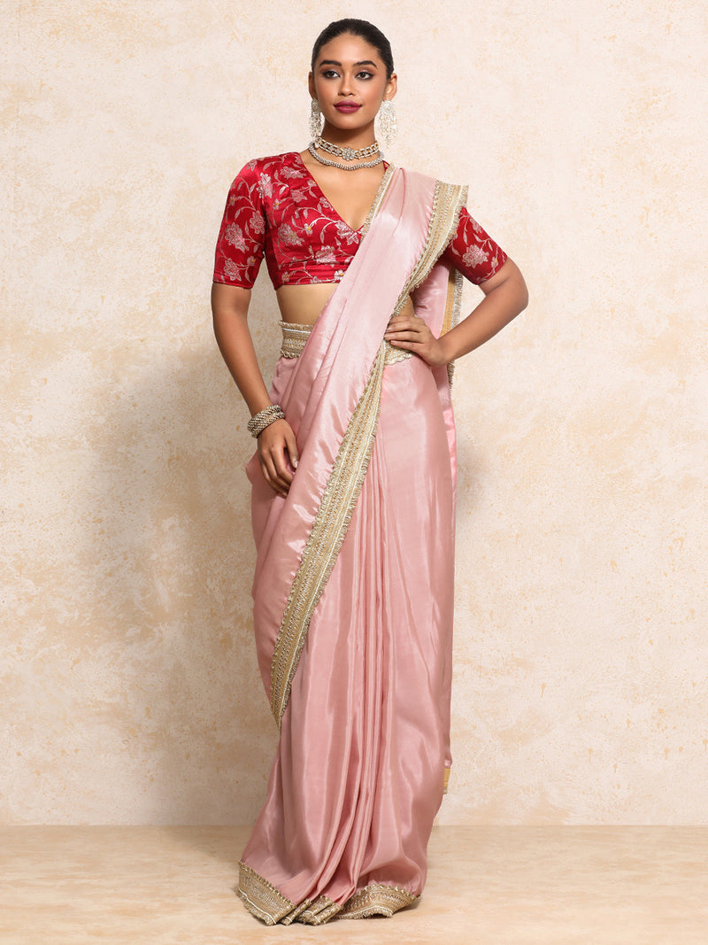 Yamira Soft Pink Gold Tissue Saree With Ready-to-Wear Option-Binks