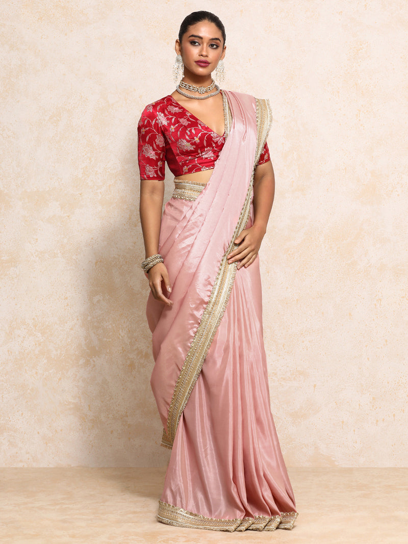 Yamira Soft Pink Gold Tissue Saree With Ready-to-Wear Option-Binks