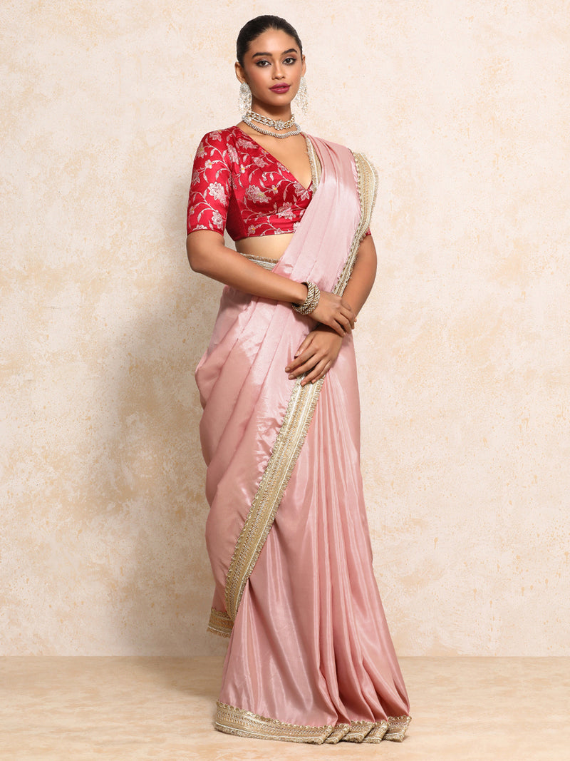 Yamira Soft Pink Gold Tissue Saree With Ready-to-Wear Option-Binks