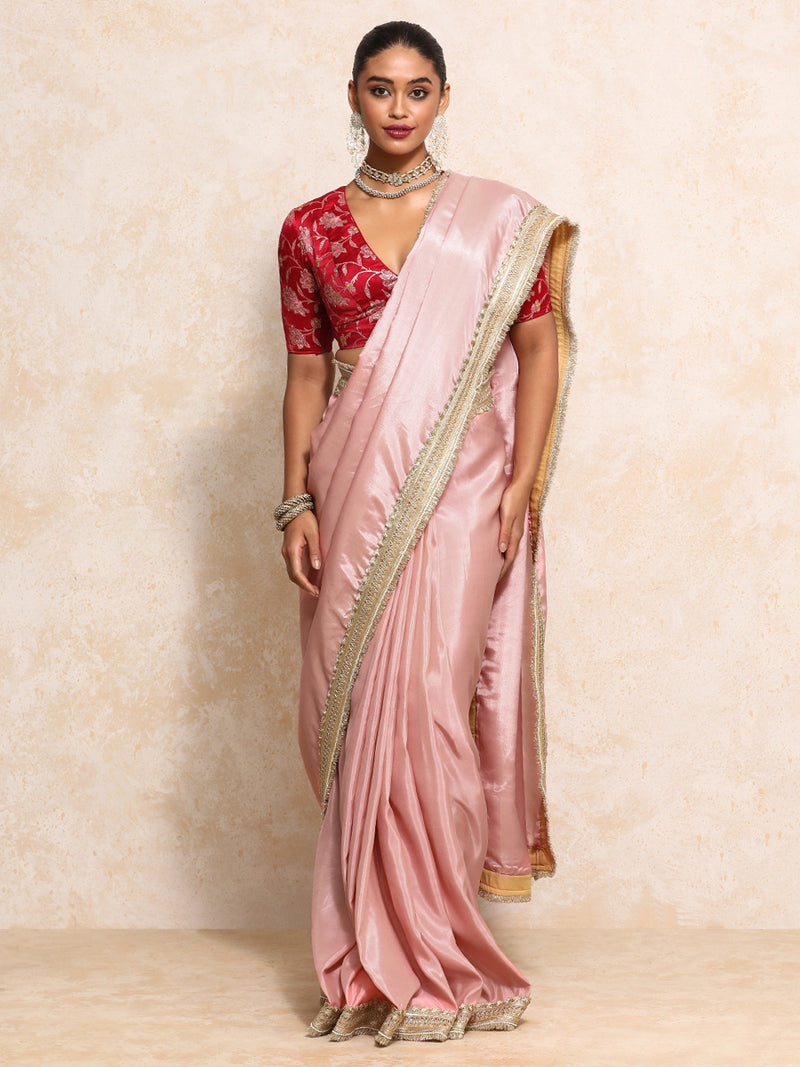 Yamira Soft Pink Gold Tissue Saree With Ready-to-Wear Option-Binks