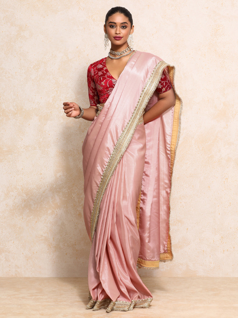 Yamira Soft Pink Gold Tissue Saree With Ready-to-Wear Option-Binks