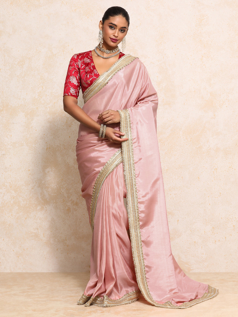 Yamira Soft Pink Gold Tissue Saree With Ready-to-Wear Option-Binks