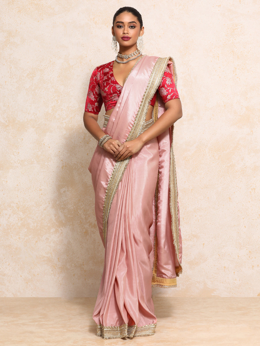 Yamira Soft Pink Gold Tissue Saree With Ready-to-Wear Option, in Viscose Gold Tissue, made for party & festive (view 6).