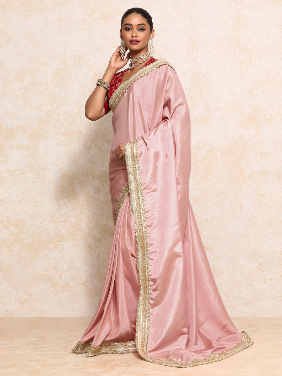 Yamira Soft Pink Gold Tissue Saree With Ready-to-Wear Option, in Viscose Gold Tissue, made for party & festive (view 7).