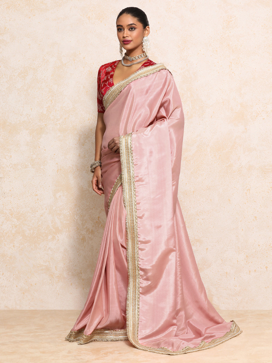 Yamira Soft Pink Gold Tissue Saree With Ready-to-Wear Option, in Viscose Gold Tissue, made for party & festive (view 8).