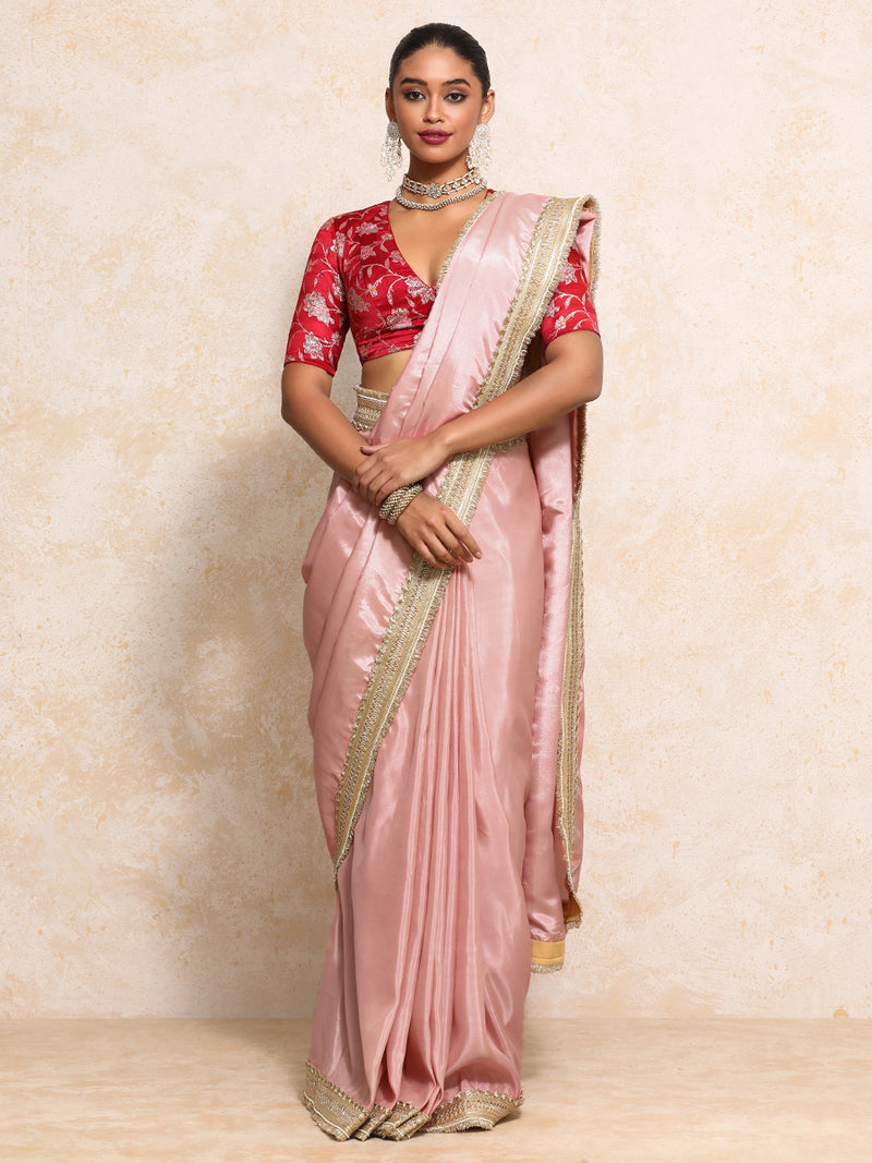 Yamira Soft Pink Gold Tissue Saree With Ready-to-Wear Option-Binks