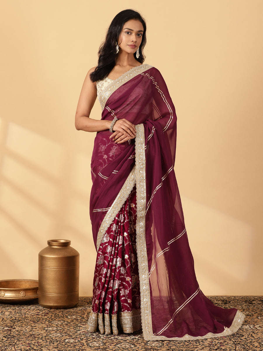 Meenakari Violet Saree With Designer Zari Embroidered Lace, in Purple Meenakari Satin Viscose, made for party & festive.