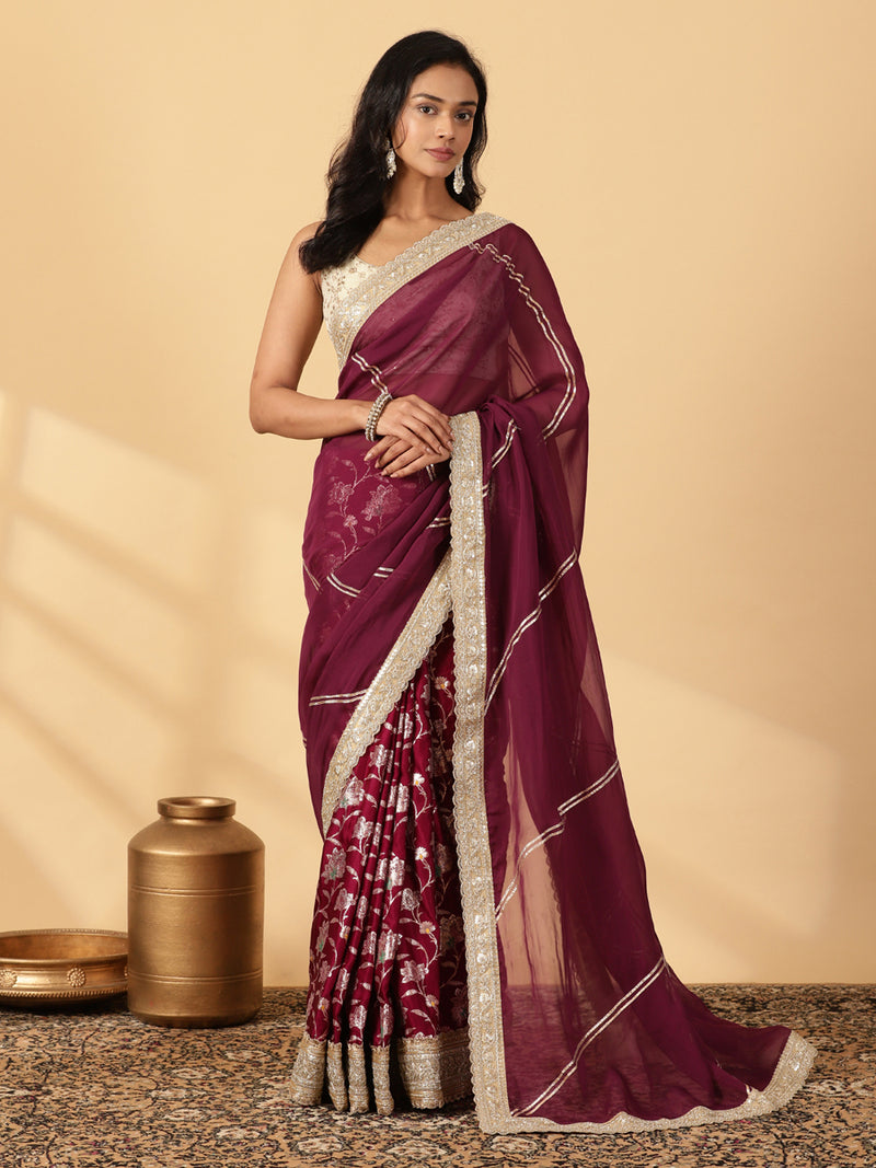Meenakari Violet Saree With Designer Zari Embroidered Lace-Binks