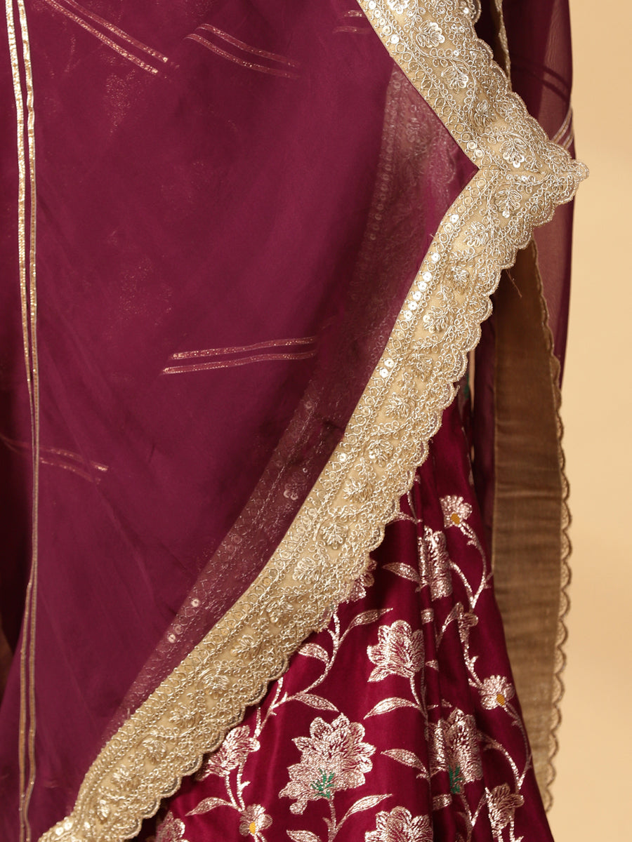 Meenakari Violet Saree With Designer Zari Embroidered Lace, in Purple Meenakari Satin Viscose, made for party & festive.