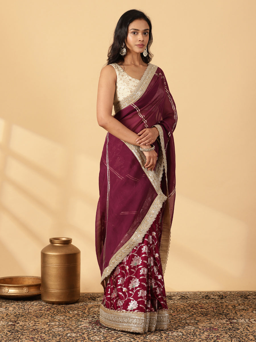Meenakari Violet Saree With Designer Zari Embroidered Lace, in Purple Meenakari Satin Viscose, made for party & festive.