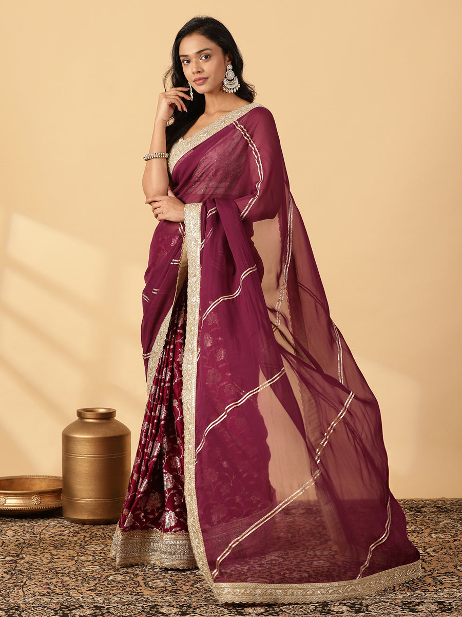 Meenakari Violet Saree With Designer Zari Embroidered Lace, in Purple Meenakari Satin Viscose, made for party & festive.