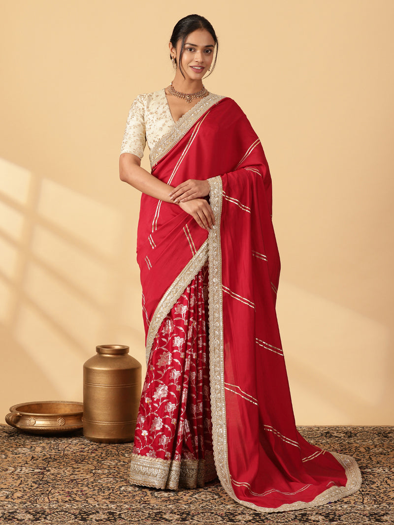 Meenakari Scarlet Red Saree With Designer Zari Embroidered Lace-Binks