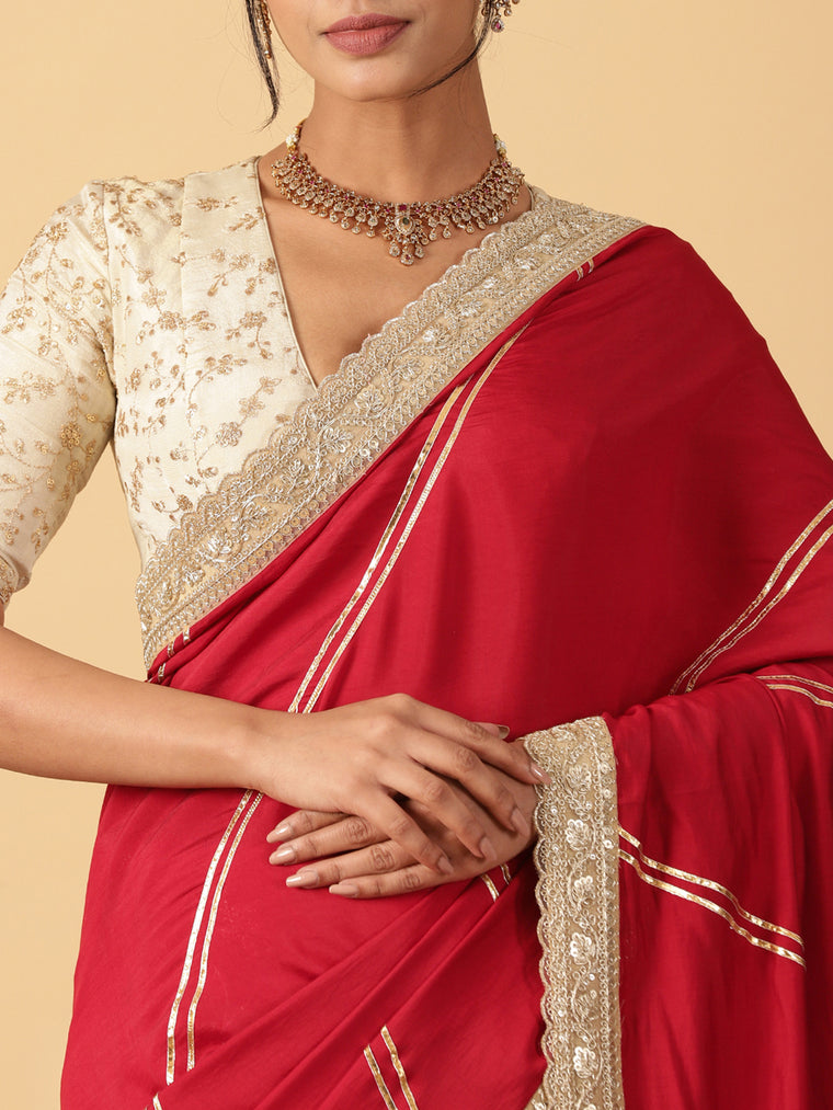 Meenakari Scarlet Red Saree With Designer Zari Embroidered Lace, in Red Meenakari Satin Viscose, made for party & festive.
