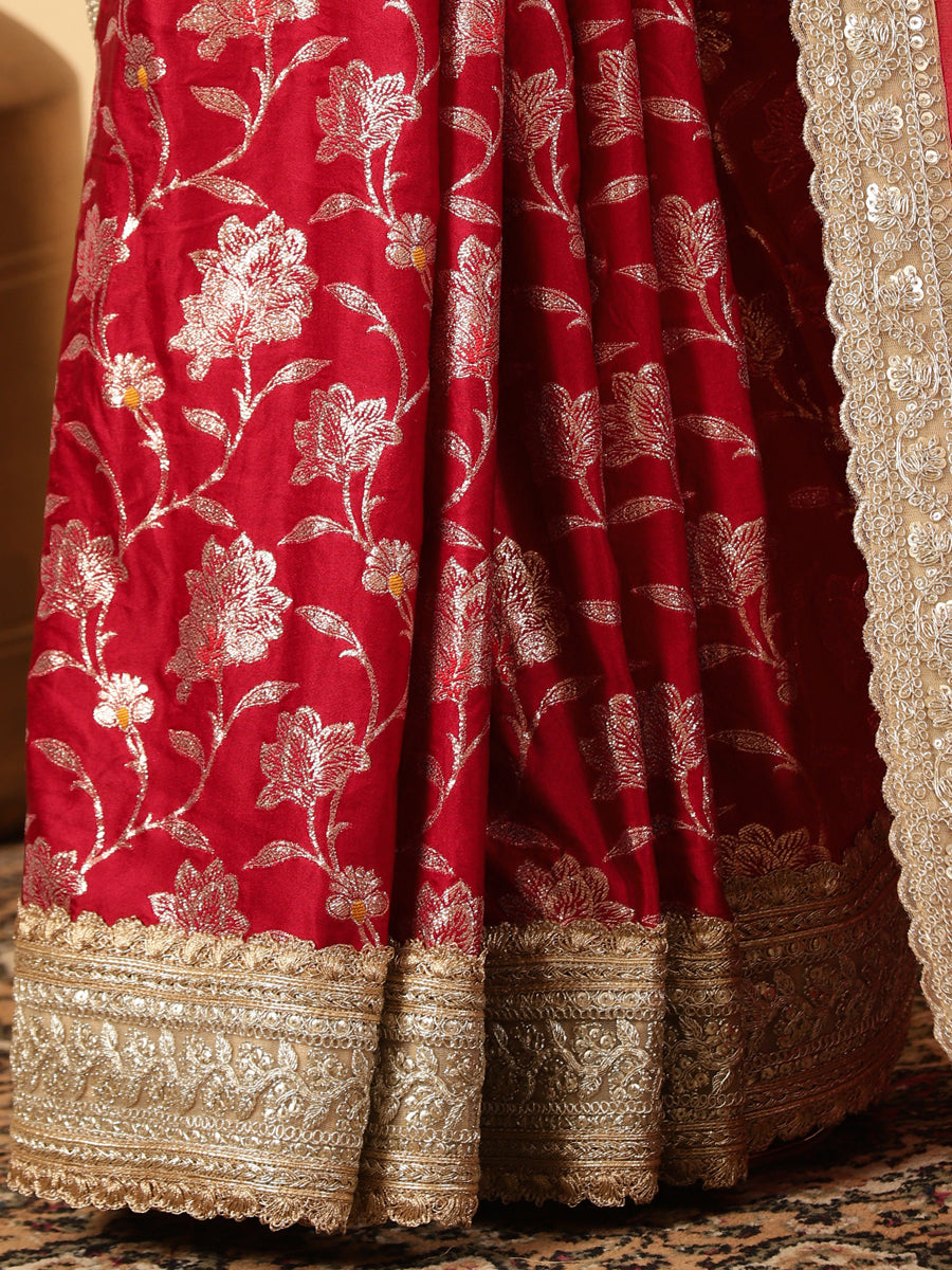 Meenakari Scarlet Red Saree With Designer Zari Embroidered Lace, in Red Meenakari Satin Viscose, made for party & festive.