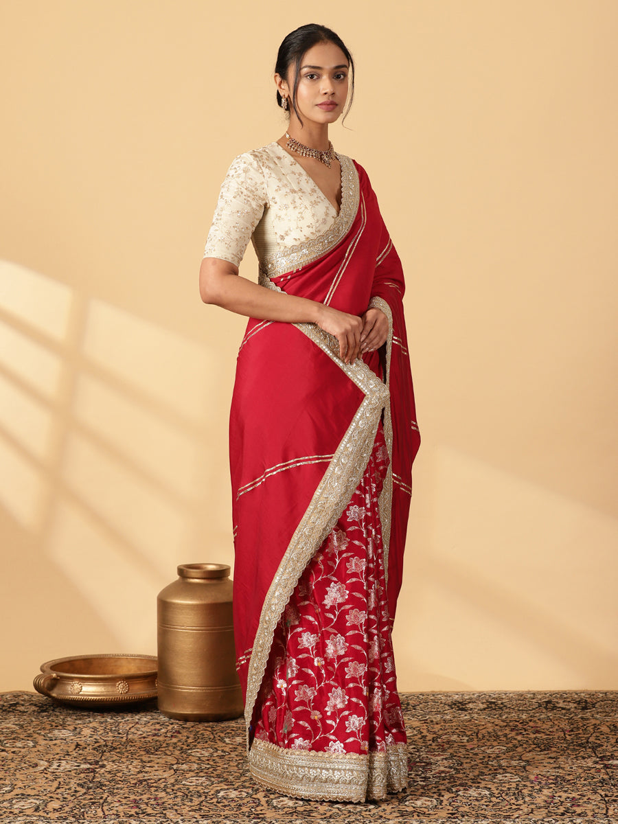 Meenakari Scarlet Red Saree With Designer Zari Embroidered Lace, in Red Meenakari Satin Viscose, made for party & festive.