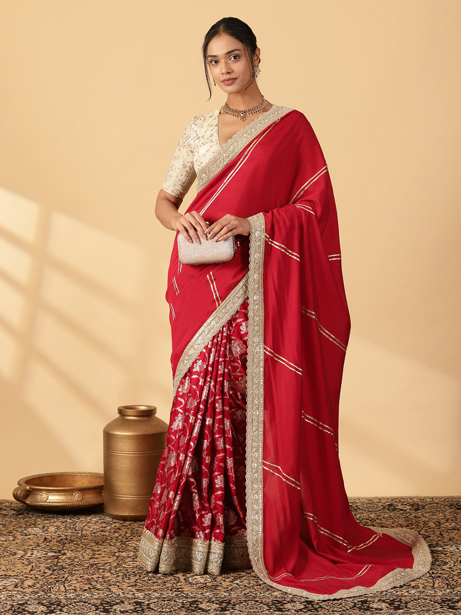 Meenakari Scarlet Red Saree With Designer Zari Embroidered Lace, in Red Meenakari Satin Viscose, made for party & festive.
