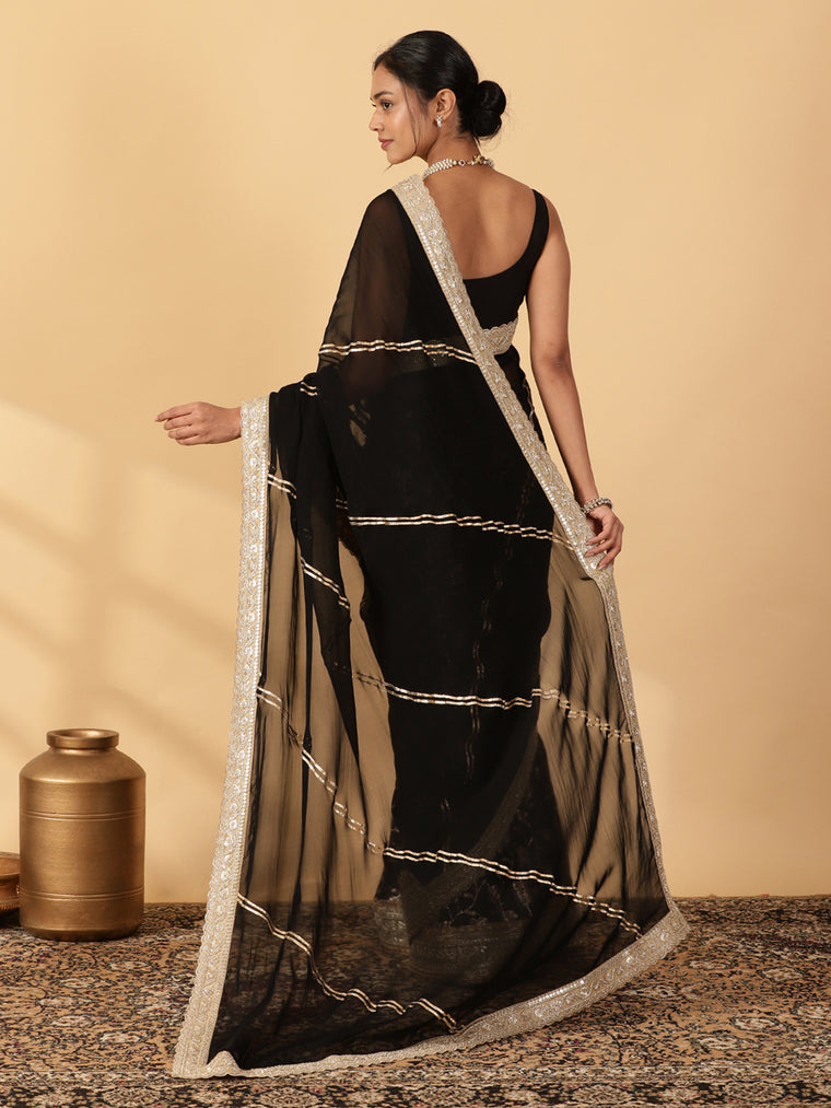 Meenakari Black Saree With Designer Zari Embroidered Lace, in Black Meenakari Satin Viscose, made for party & festive (view 2).