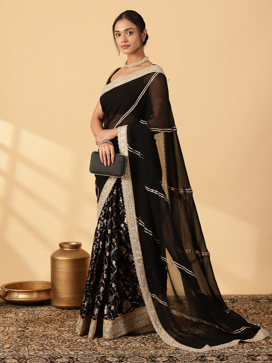Meenakari Black Saree With Designer Zari Embroidered Lace, in Black Meenakari Satin Viscose, made for party & festive (view 7).