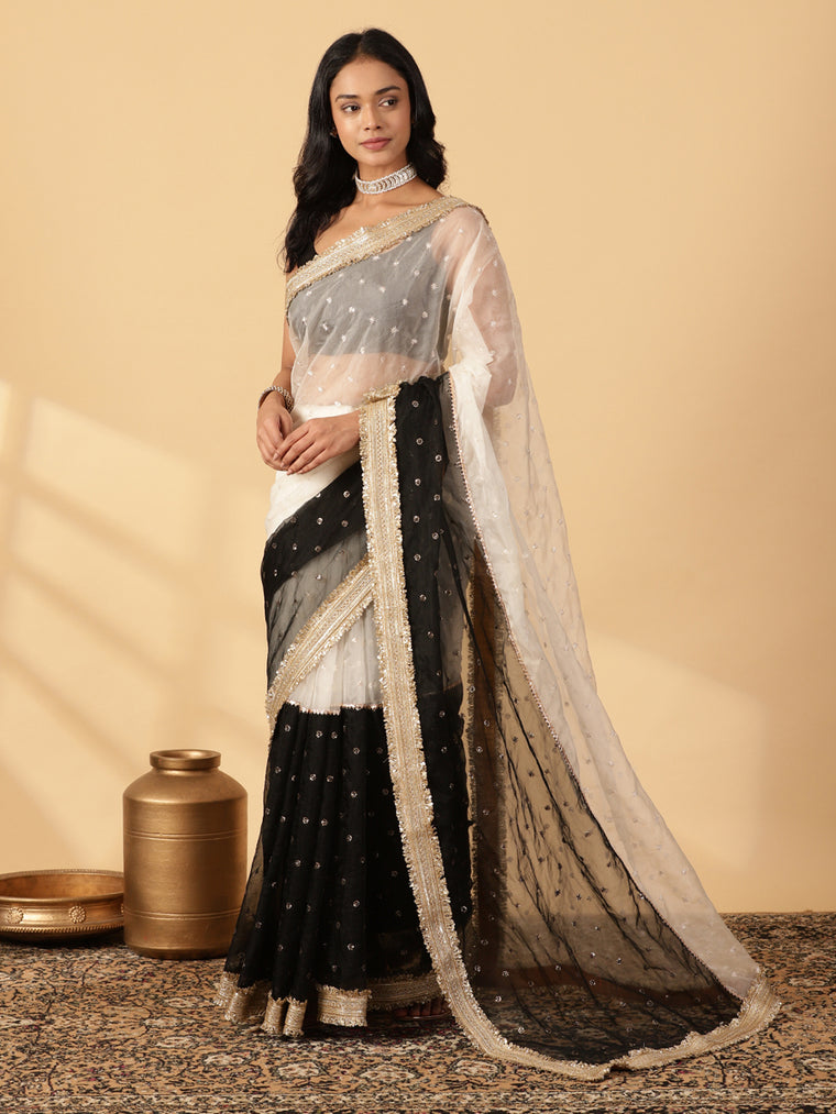 White & Black Organza Sequin Butta Saree With Designer Embroidered Lace, in White Sequin Organza, made for party & festive.