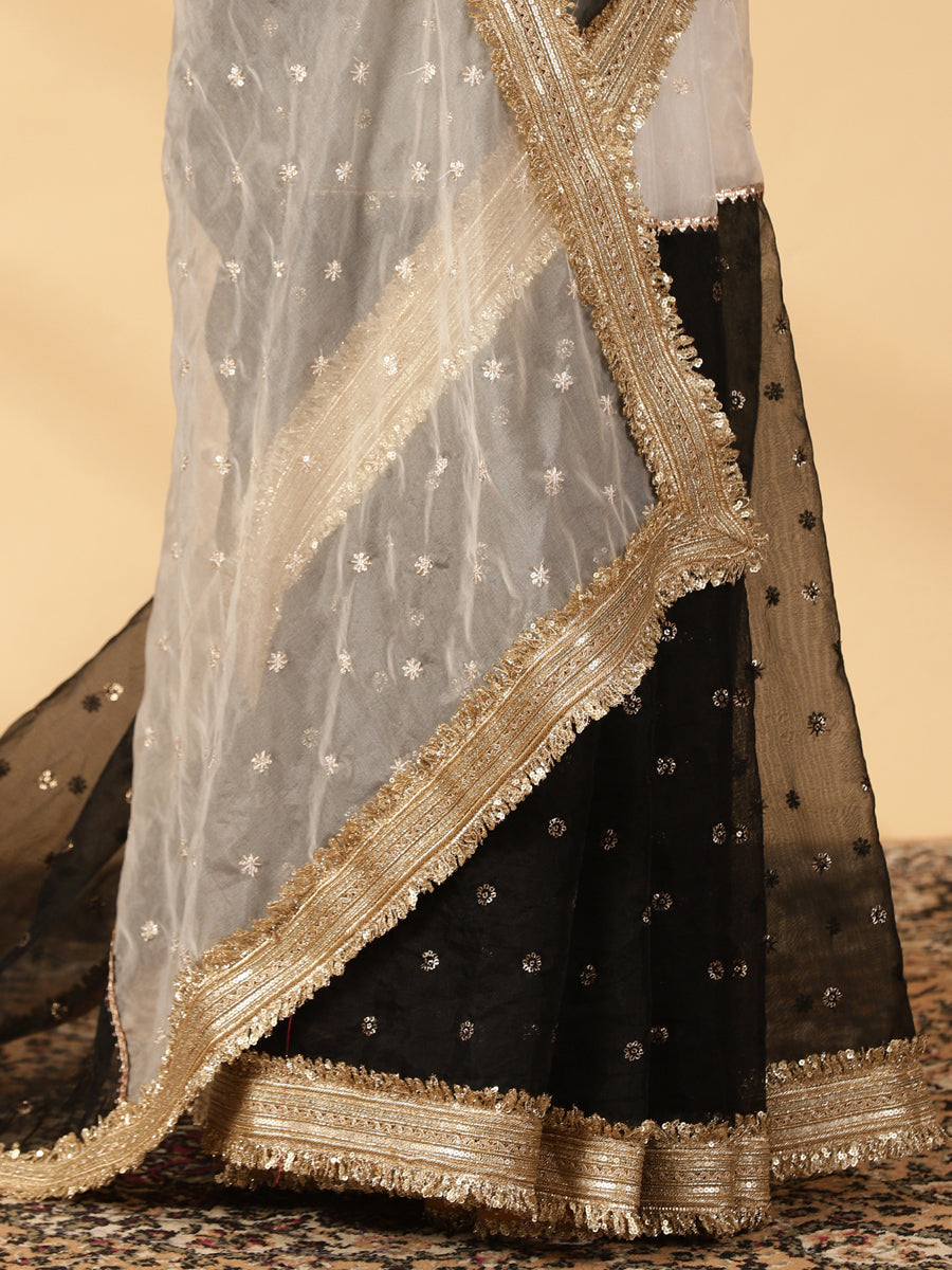 White & Black Organza Sequin Butta Saree With Designer Embroidered Lace, in White Sequin Organza, made for party & festive.