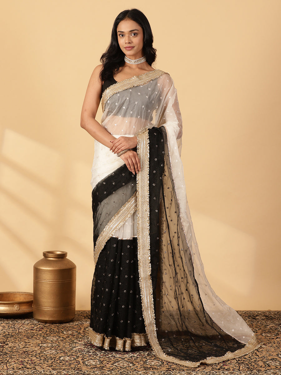 White & Black Organza Sequin Butta Saree With Designer Embroidered Lace, in White Sequin Organza, made for party & festive.
