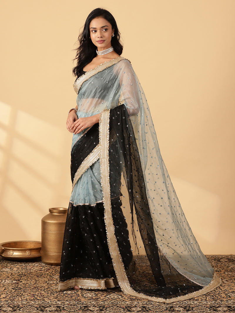 Blue & Black Organza Sequin Butta Saree With Designer Embroidered Lace-Binks