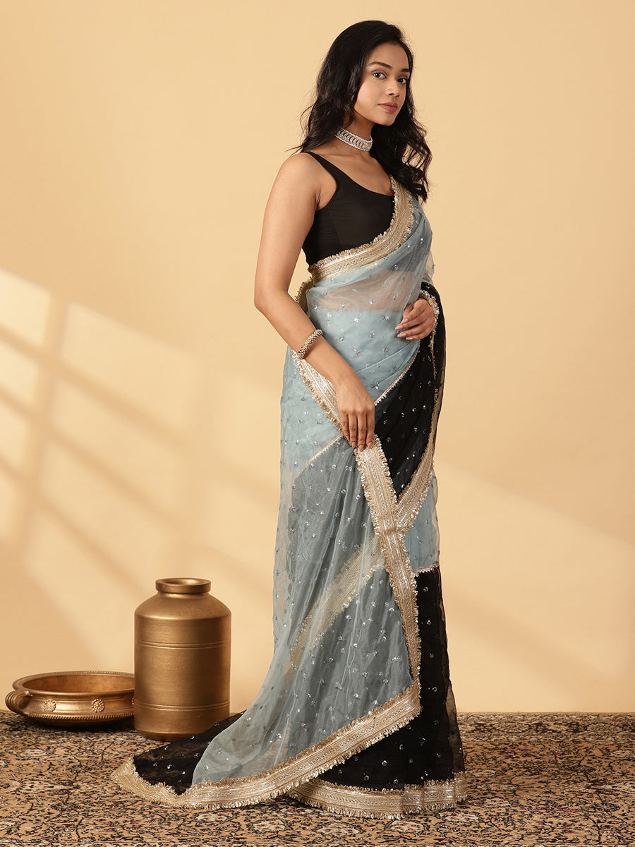 Blue & Black Organza Sequin Butta Saree With Designer Embroidered Lace, in Blue Sequin Organza, made for party & festive.