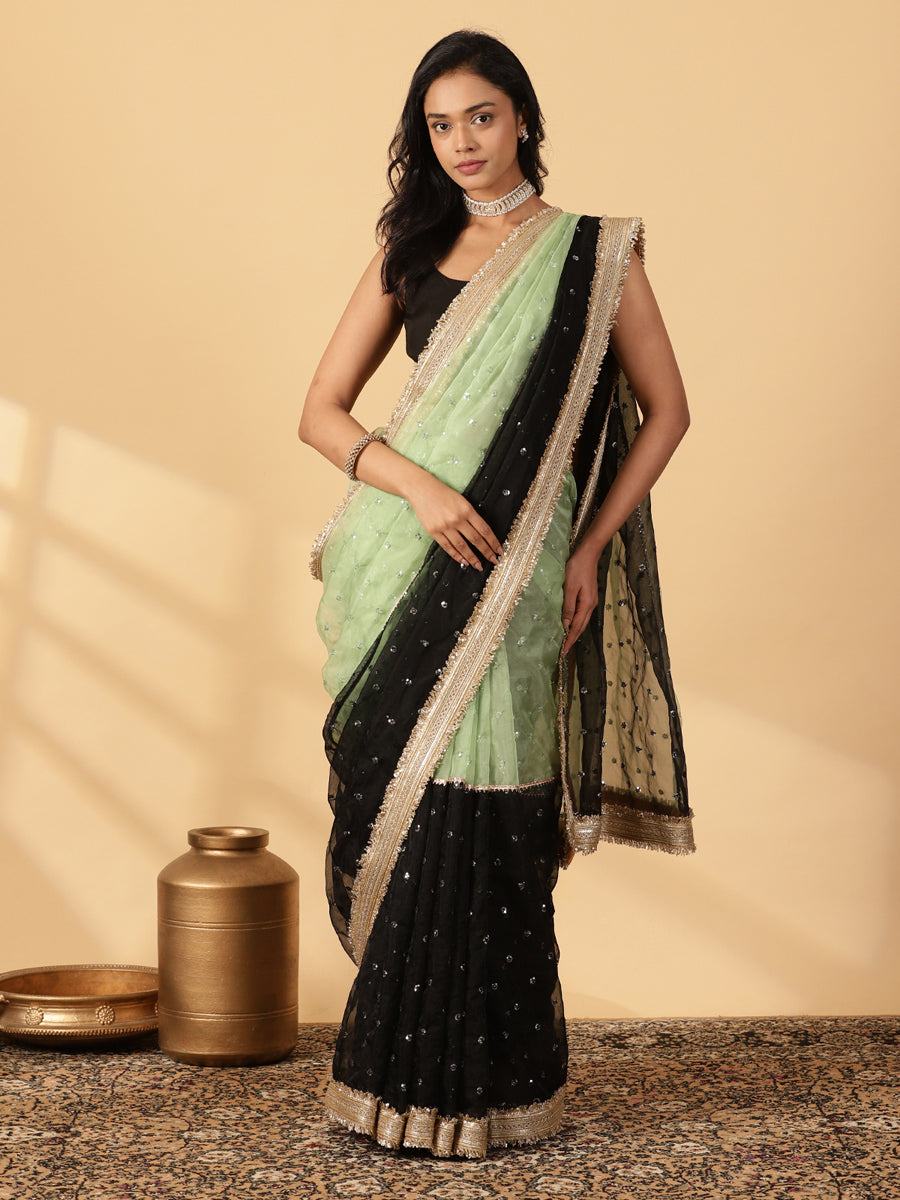 Mint Green & Black Organza Sequin Butta Saree With Designer Embroidered Lace