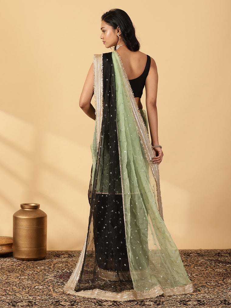 Mint Green & Black Organza Sequin Butta Saree With Designer Embroidered Lace, in Green Sequin Organza (view 2).