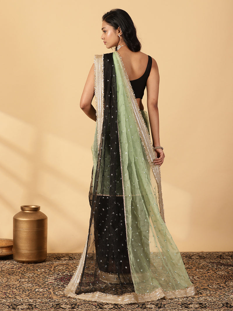 Mint Green & Black Organza Sequin Butta Saree With Designer Embroidered Lace-Binks
