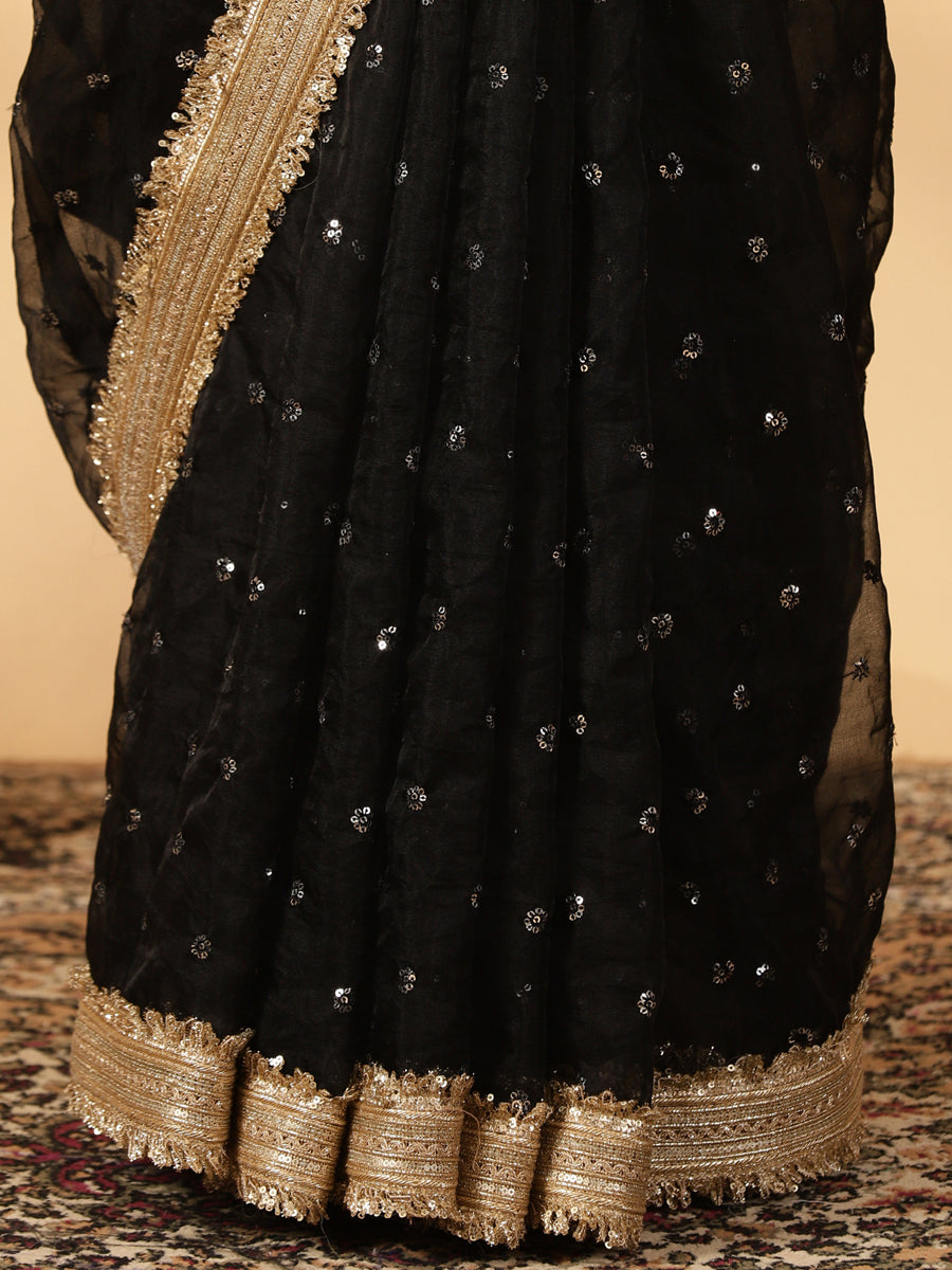 Mint Green & Black Organza Sequin Butta Saree With Designer Embroidered Lace, in Green Sequin Organza (view 4).