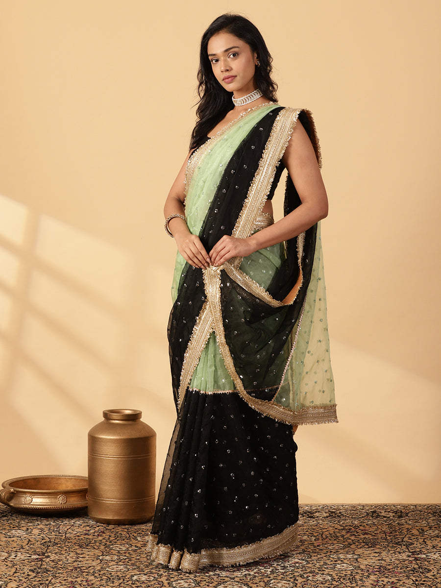 Mint Green & Black Organza Sequin Butta Saree With Designer Embroidered Lace, in Green Sequin Organza (view 7).