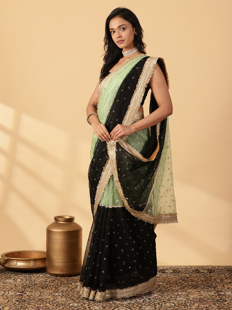 Mint Green & Black Organza Sequin Butta Saree With Designer Embroidered Lace-Binks