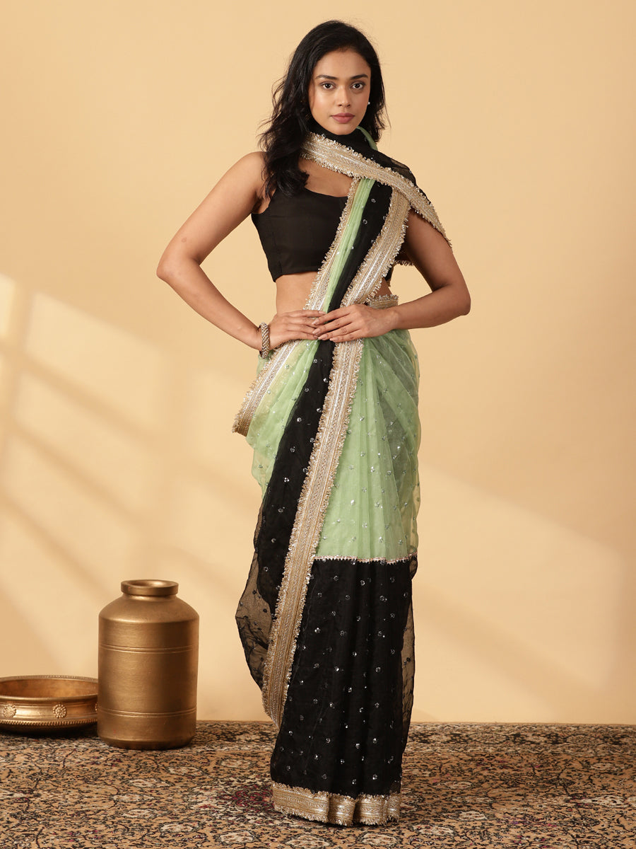 Mint Green & Black Organza Sequin Butta Saree With Designer Embroidered Lace, in Green Sequin Organza (view 8).