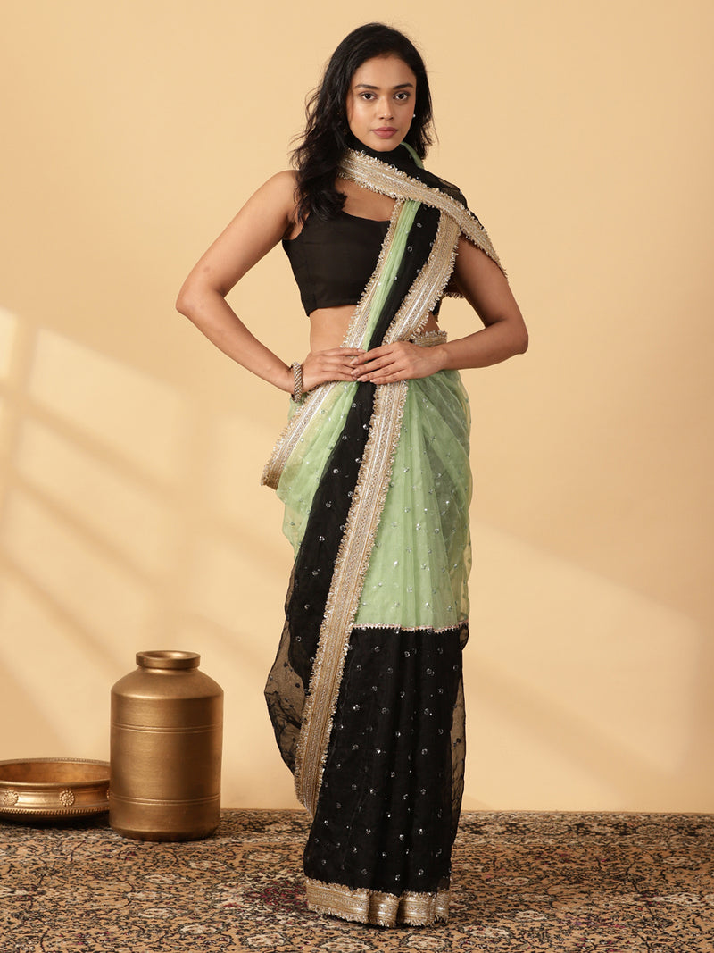 Mint Green & Black Organza Sequin Butta Saree With Designer Embroidered Lace-Binks