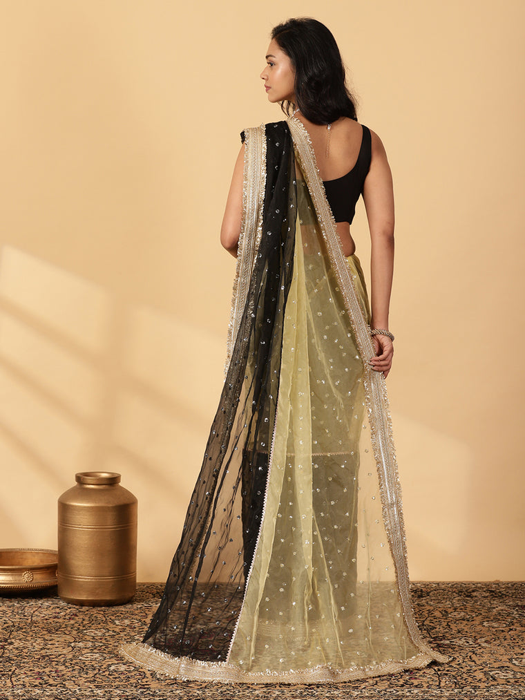 Light Yellow & Black Organza Sequin Butta Saree With Designer Embroidered Lace, in Yellow Sequin Organza (view 2).