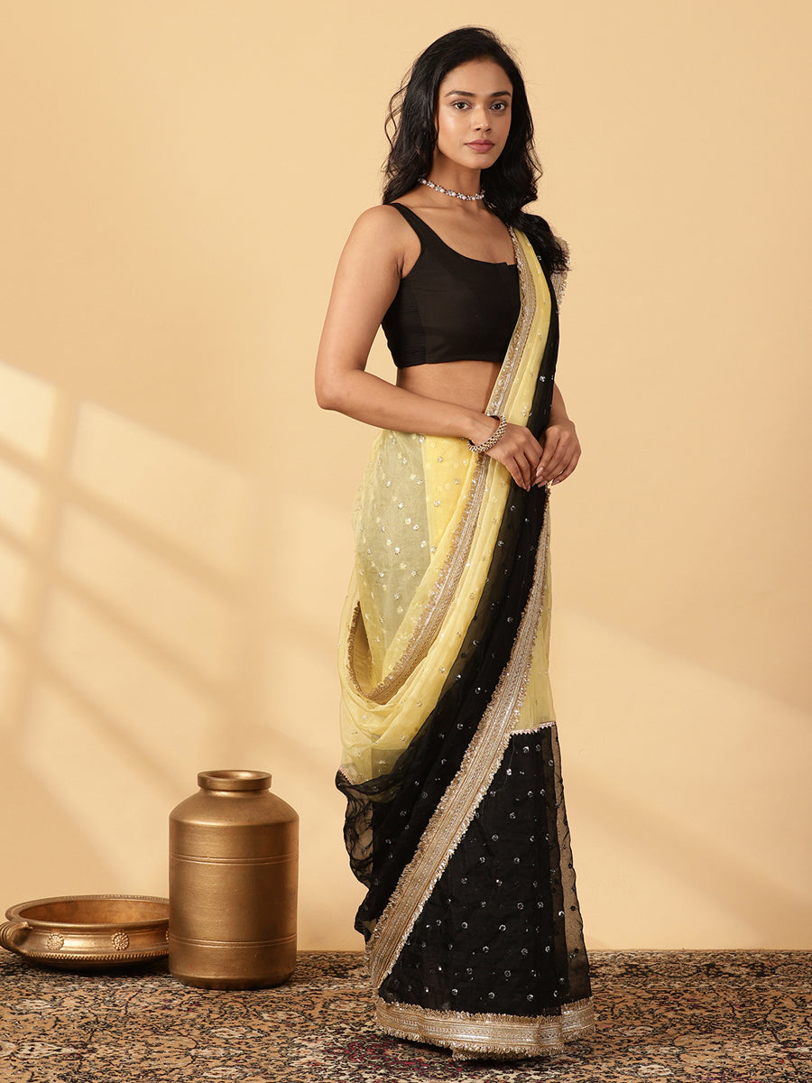 Light Yellow & Black Organza Sequin Butta Saree With Designer Embroidered Lace, in Yellow Sequin Organza (view 6).