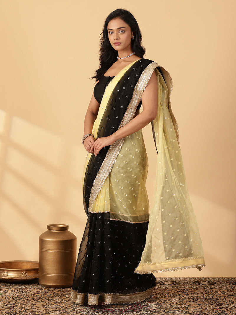 Light Yellow & Black Organza Sequin Butta Saree With Designer Embroidered Lace-Binks