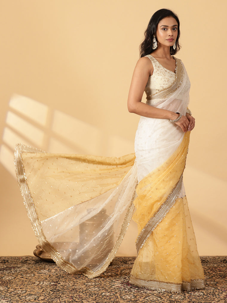 Bright Yellow & White Organza Sequin Butta Saree With Designer Embroidered Lace, in Yellow Sequin Organza.
