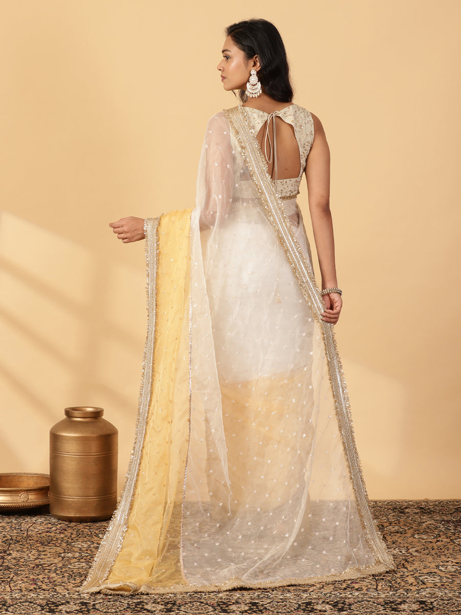 Bright Yellow & White Organza Sequin Butta Saree With Designer Embroidered Lace, in Yellow Sequin Organza (view 2).