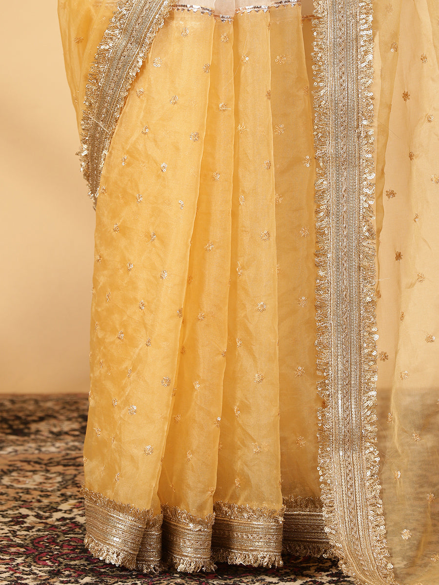 Bright Yellow & White Organza Sequin Butta Saree With Designer Embroidered Lace, in Yellow Sequin Organza (view 4).