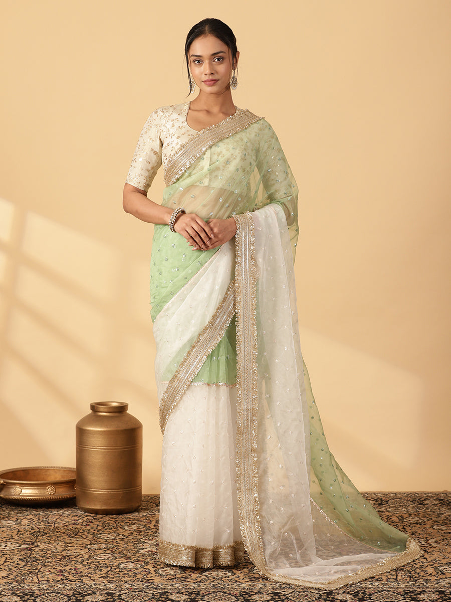 Green & Oyster White Organza Sequin Butta Saree With Designer Embroidered Lace, in Green Sequin Organza.