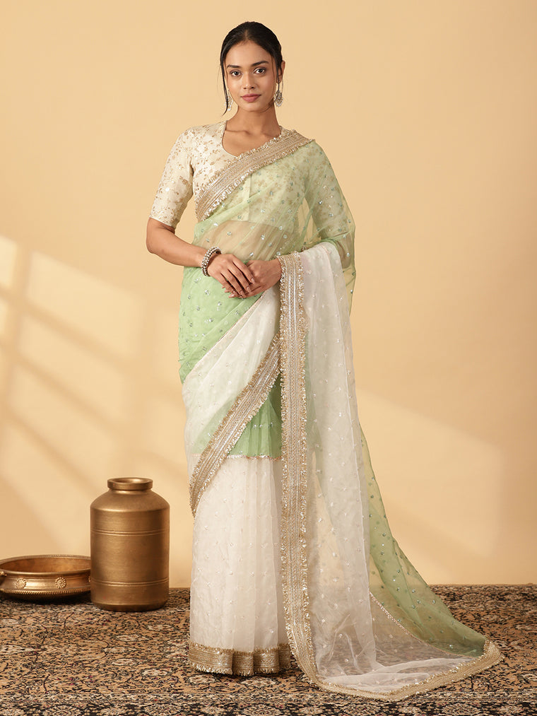 Green & Oyster White Organza Sequin Butta Saree With Designer Embroidered Lace, in Green Sequin Organza.