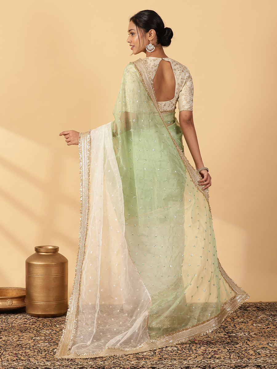 Green & Oyster White Organza Sequin Butta Saree With Designer Embroidered Lace, in Green Sequin Organza (view 2).
