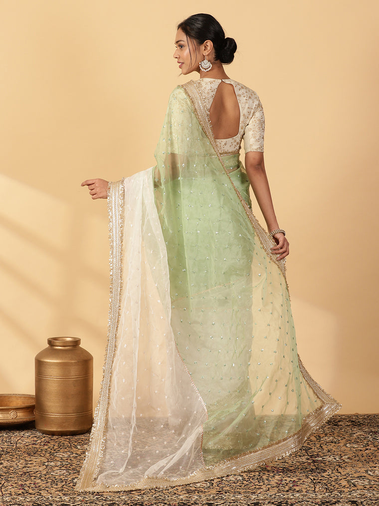 Green & Oyster White Organza Sequin Butta Saree With Designer Embroidered Lace, in Green Sequin Organza (view 2).
